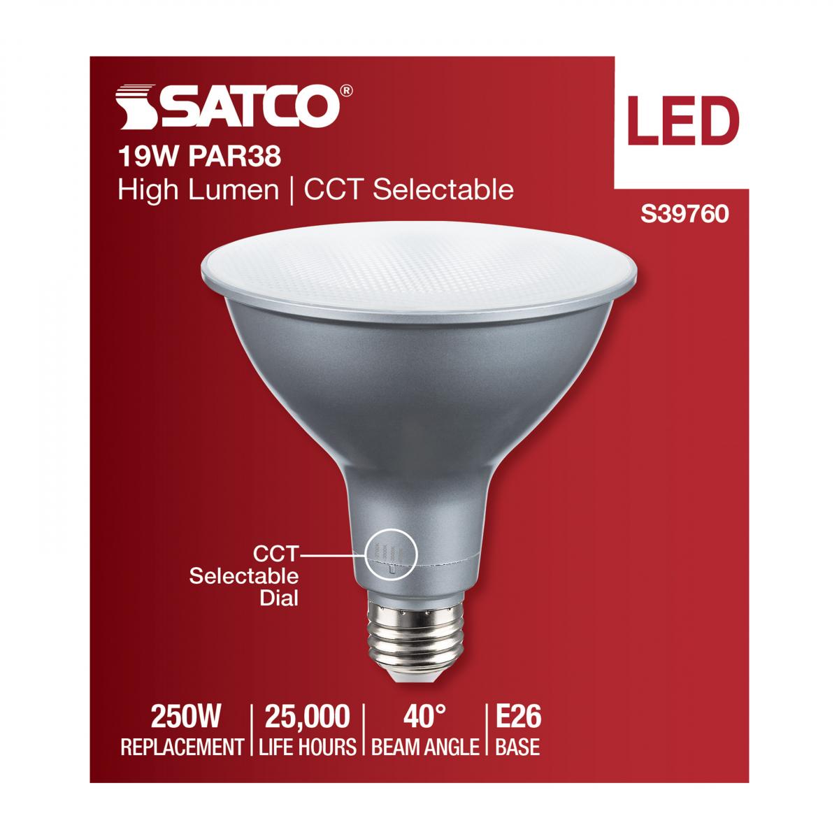 PAR38 LED Bulb, 19W, 2400 Lumens, Selectable 2700K to 5000K, E26 Base, 40�� Flood, 120-277V