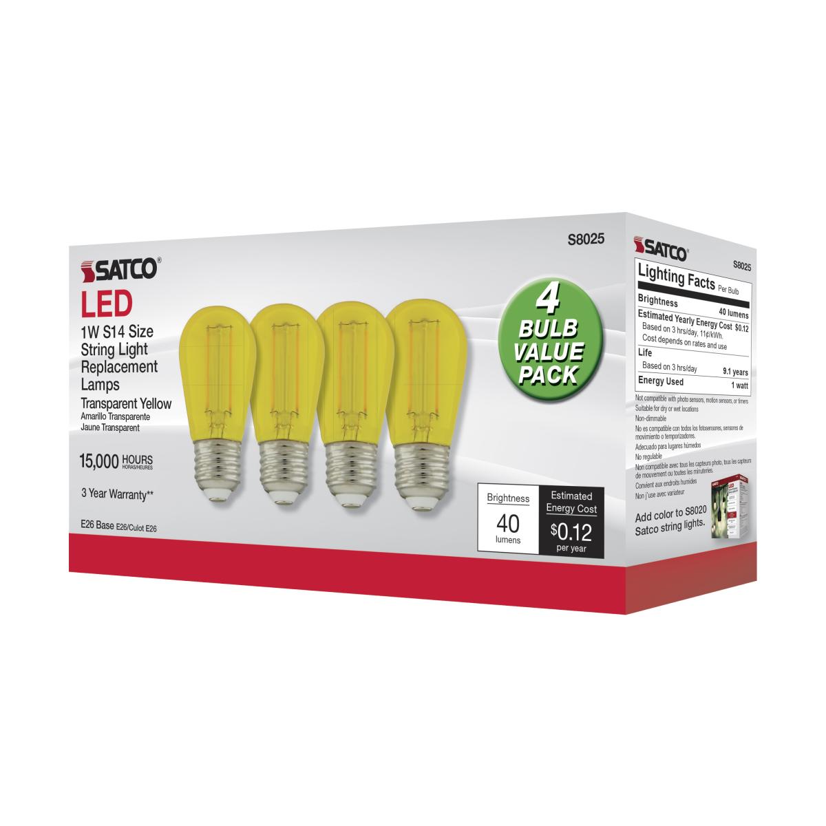 S14 Filament LED Bulb, 1W, 40lm, E26 Base, Transparent Yellow Finish , Pack of 4