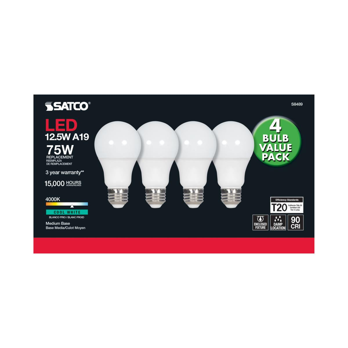 A19 LED Bulb, 75W Equivalent, 13 Watts, 1050 Lumens, 4000K, E26 Medium Base, Frosted, Pack of 4