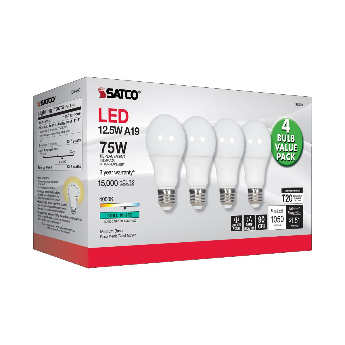 A19 LED Bulb, 75W Equivalent, 13 Watts, 1050 Lumens, 4000K, E26 Medium Base, Frosted, Pack of 4