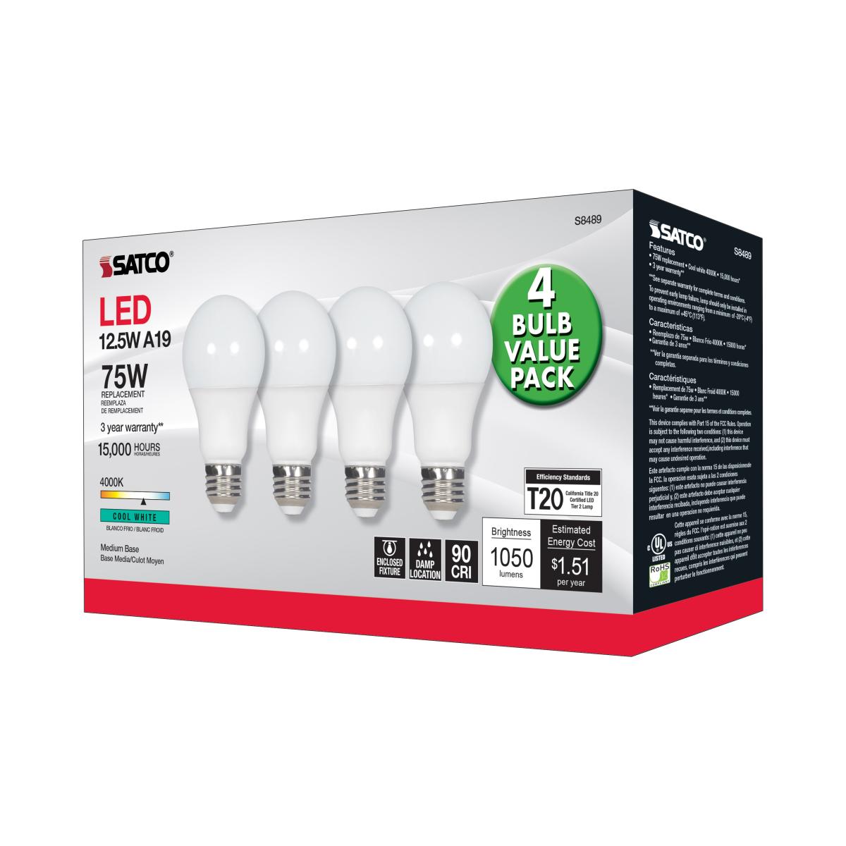 A19 LED Bulb, 75W Equivalent, 13 Watts, 1050 Lumens, 4000K, E26 Medium Base, Frosted, Pack of 4