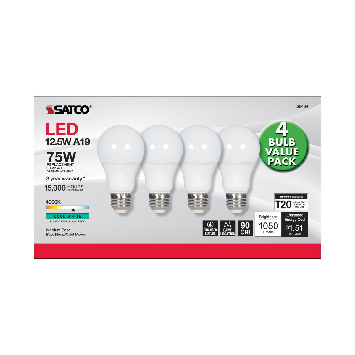 A19 LED Bulb, 75W Equivalent, 13 Watts, 1050 Lumens, 4000K, E26 Medium Base, Frosted, Pack of 4