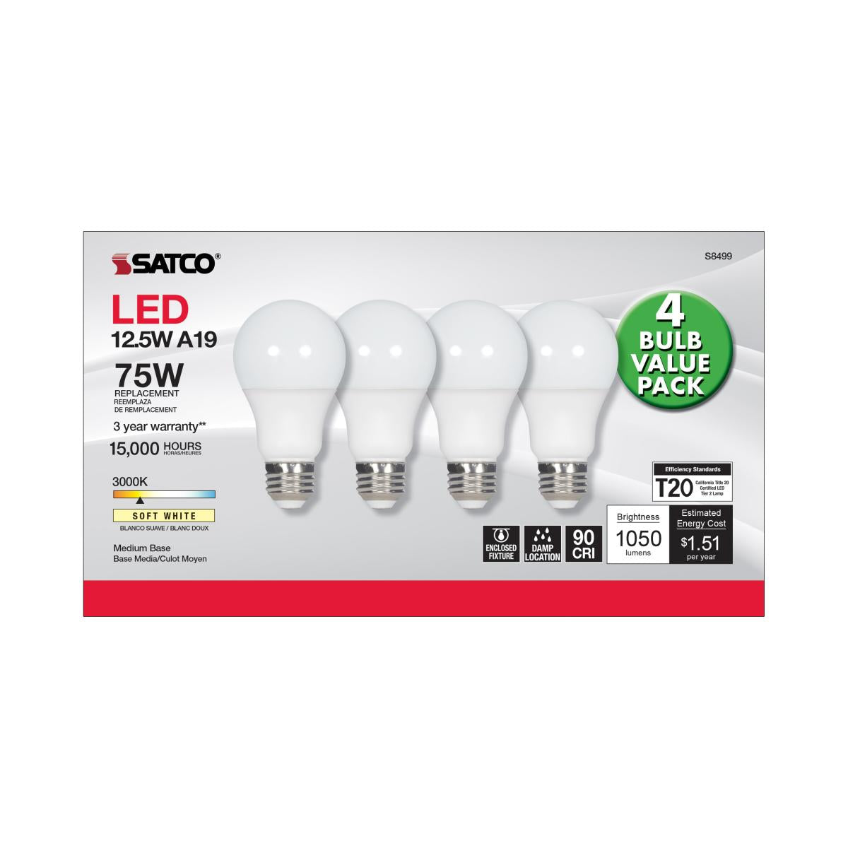 A19 LED Bulb, 75W Equivalent, 13 Watts, 1050 Lumens, 3000K, E26 Medium Base, Frosted, Pack of 4