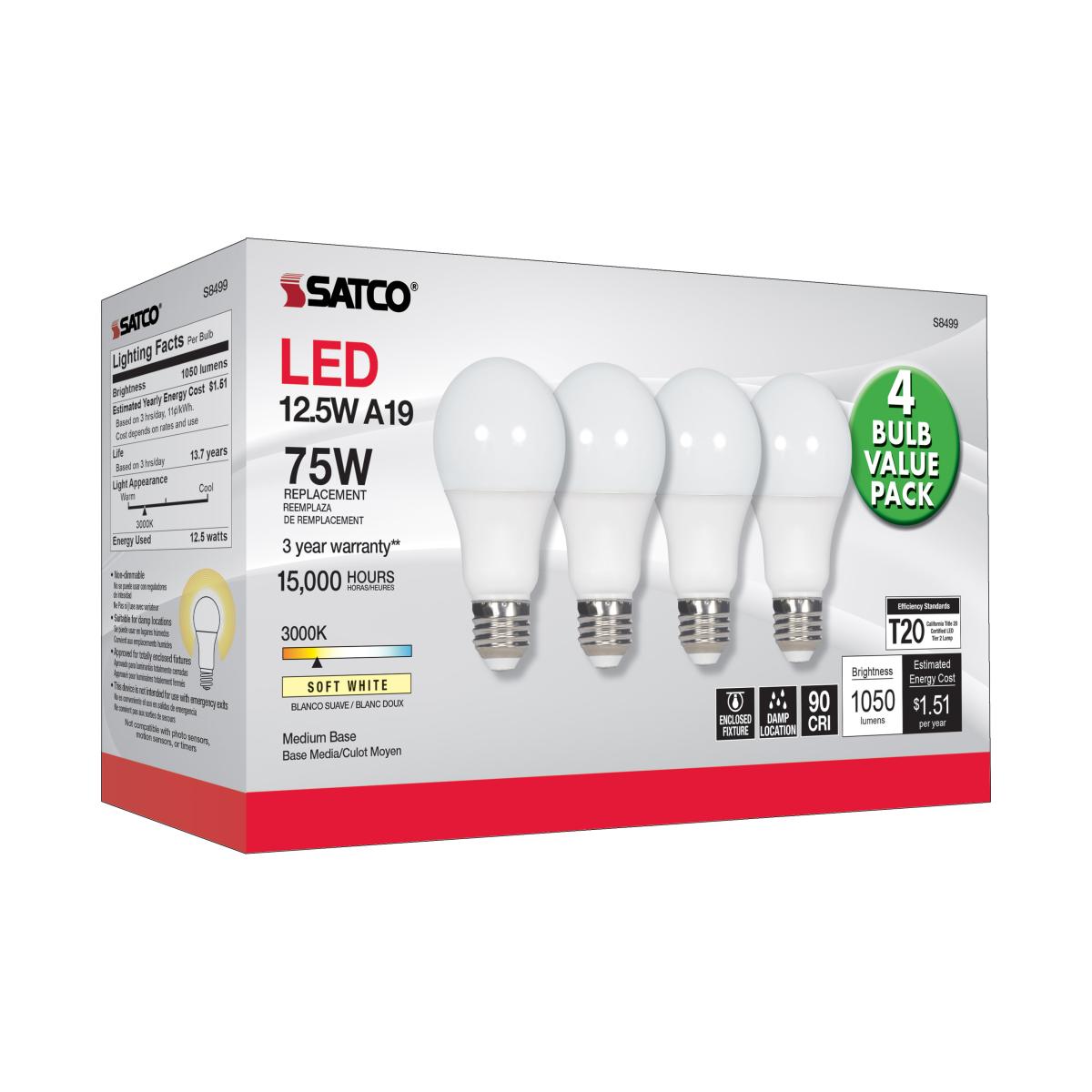 A19 LED Bulb, 75W Equivalent, 13 Watts, 1050 Lumens, 3000K, E26 Medium Base, Frosted, Pack of 4