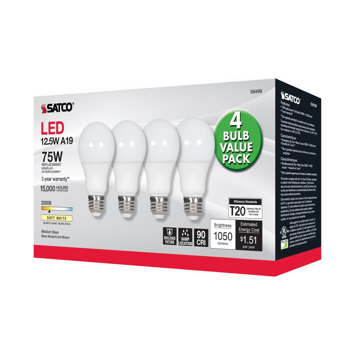 A19 LED Bulb, 75W Equivalent, 13 Watts, 1050 Lumens, 3000K, E26 Medium Base, Frosted, Pack of 4