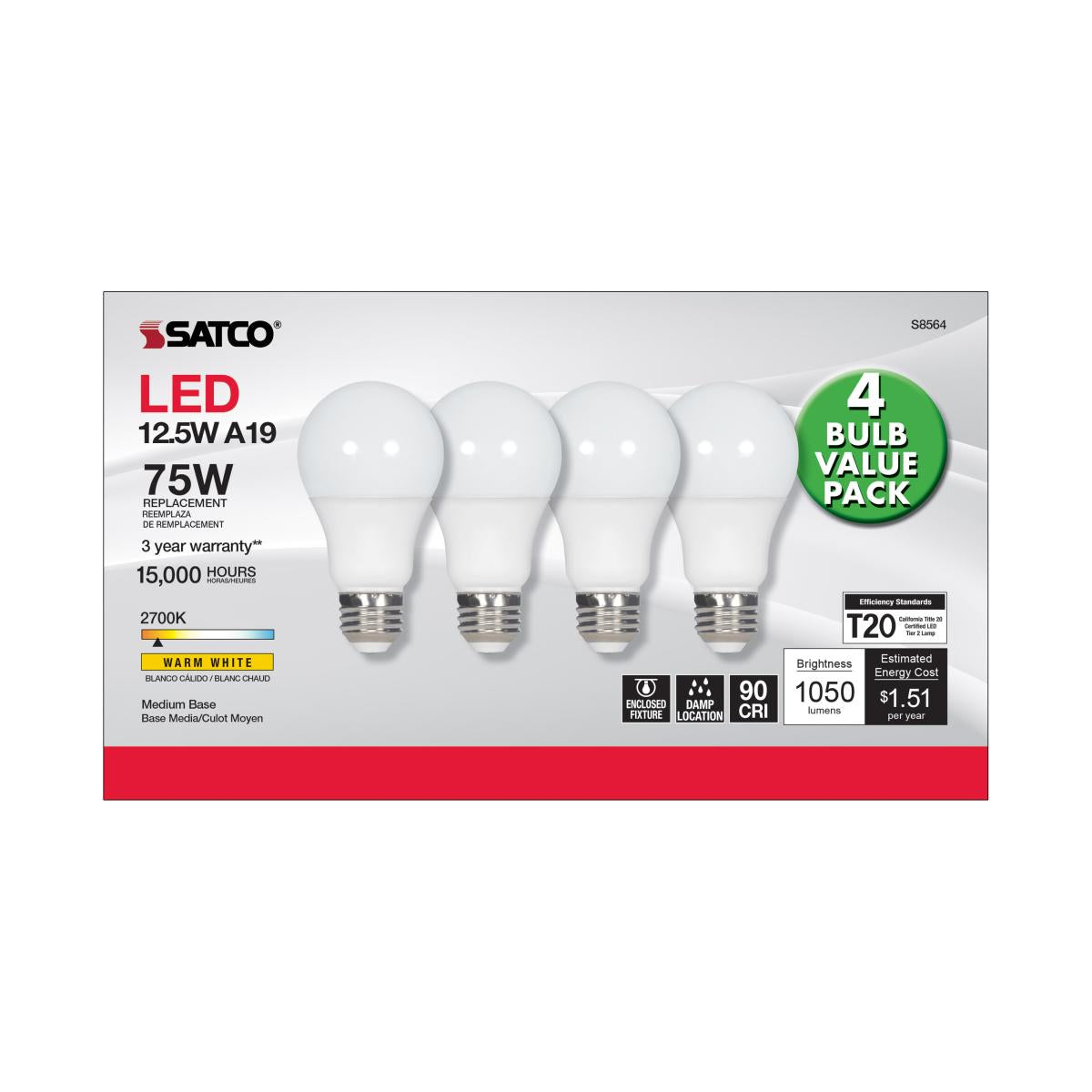 A19 LED Bulb, 75W Equivalent, 13 Watts, 1050 Lumens, 2700K, E26 Medium Base, Frosted, Pack of 4