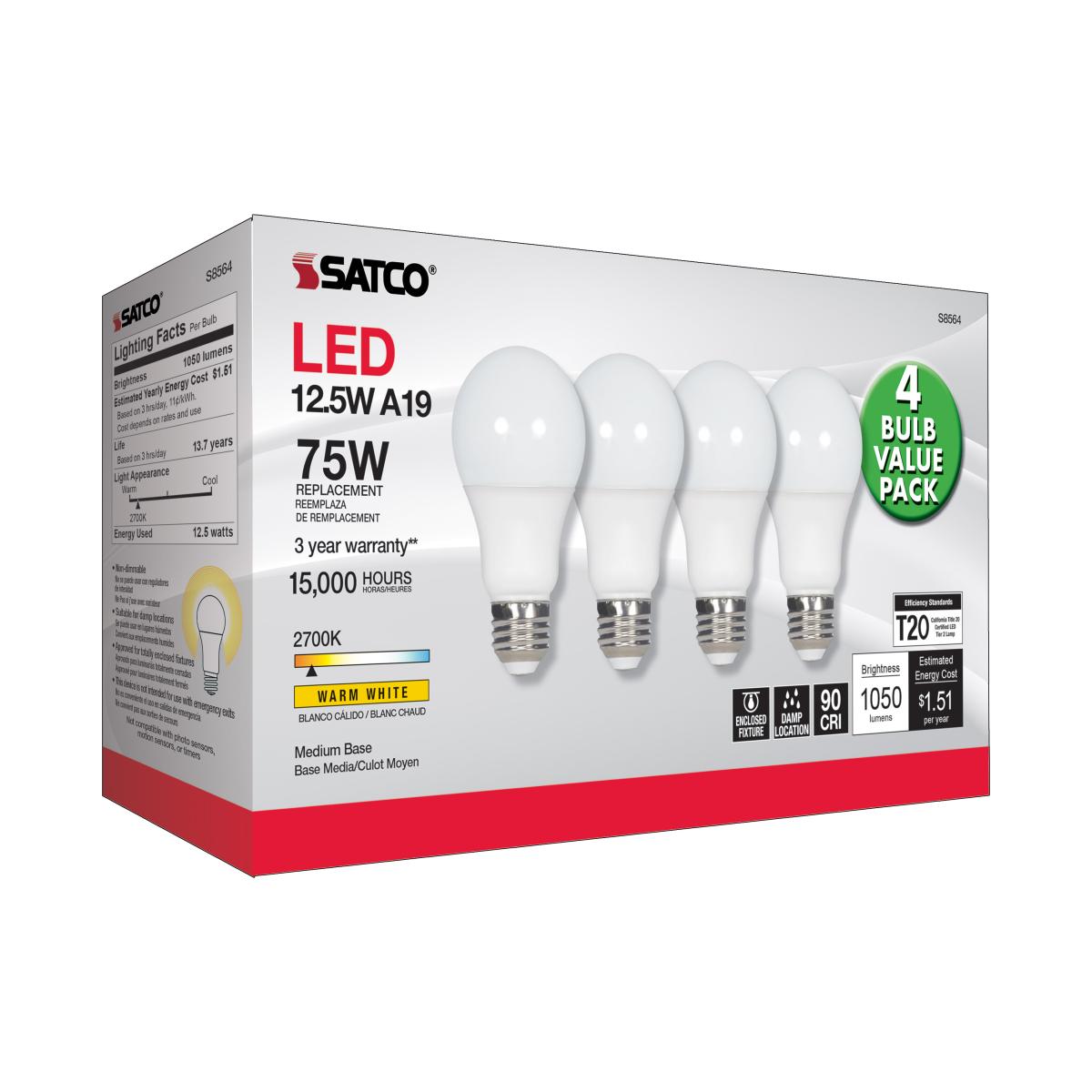 A19 LED Bulb, 75W Equivalent, 13 Watts, 1050 Lumens, 2700K, E26 Medium Base, Frosted, Pack of 4