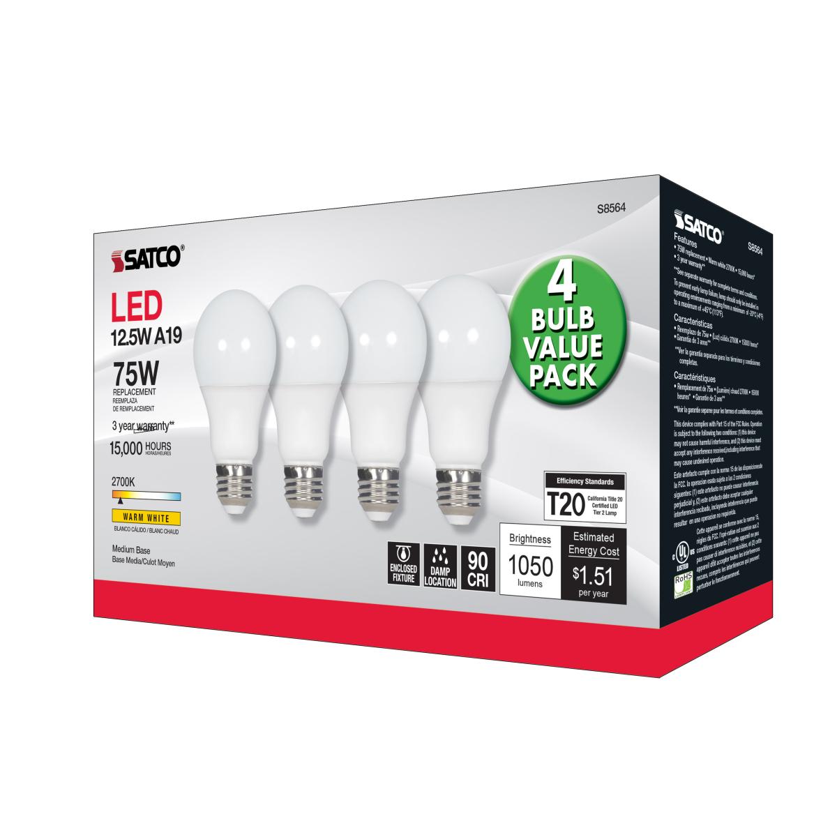 A19 LED Bulb, 75W Equivalent, 13 Watts, 1050 Lumens, 2700K, E26 Medium Base, Frosted, Pack of 4