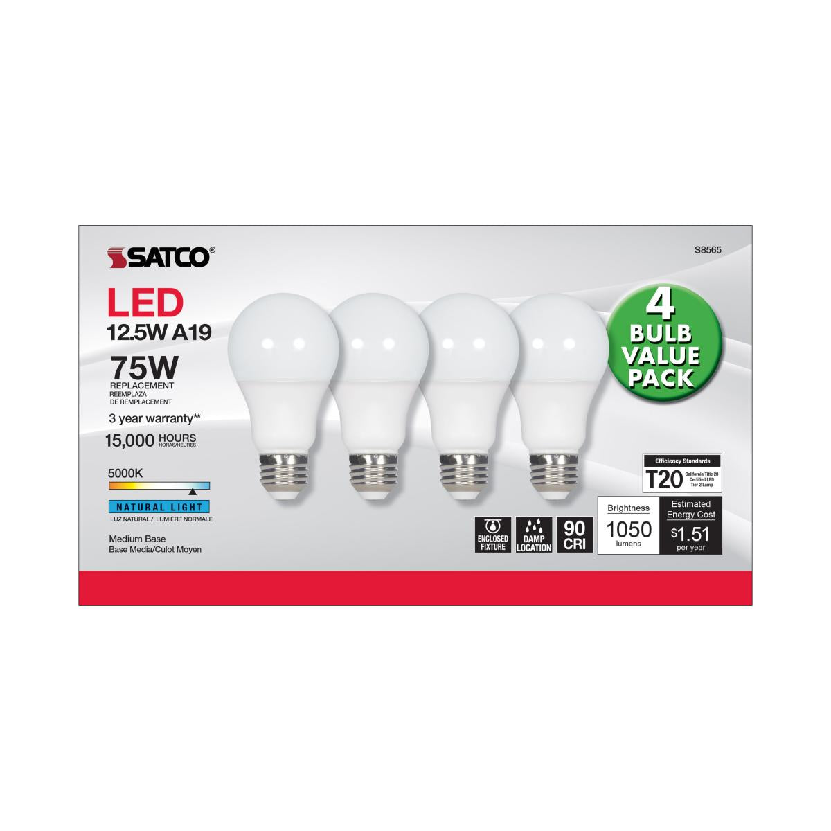 A19 LED Bulb, 75W Equivalent, 13 Watts, 1050 Lumens, 5000K, E26 Medium Base, Frosted, Pack of 4