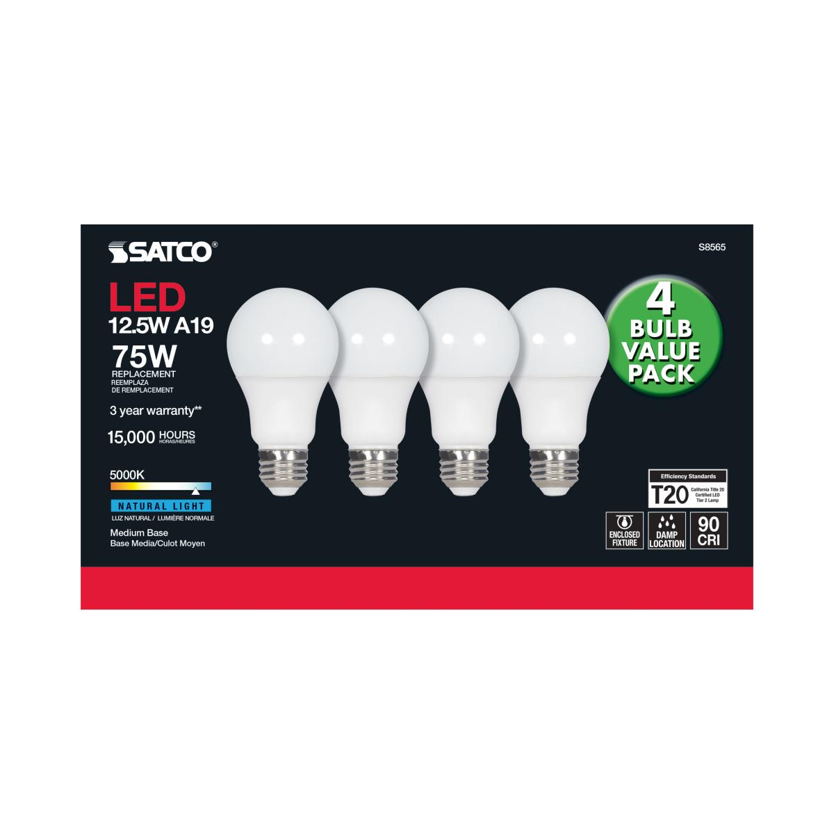 A19 LED Bulb, 75W Equivalent, 13 Watts, 1050 Lumens, 5000K, E26 Medium Base, Frosted, Pack of 4