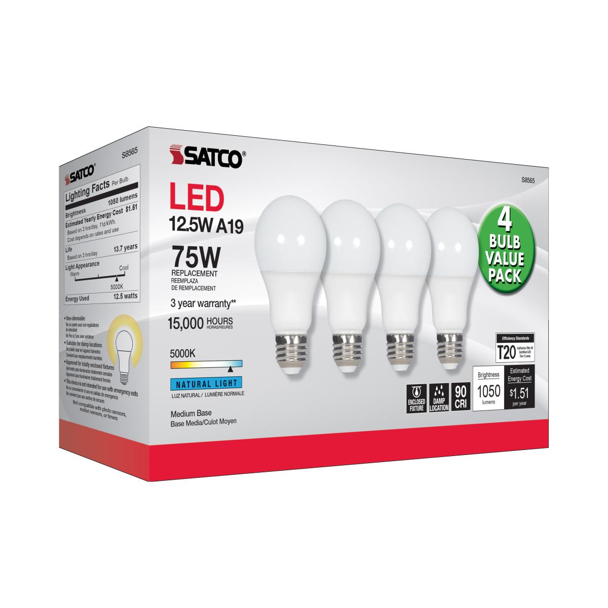 A19 LED Bulb, 75W Equivalent, 13 Watts, 1050 Lumens, 5000K, E26 Medium Base, Frosted, Pack of 4