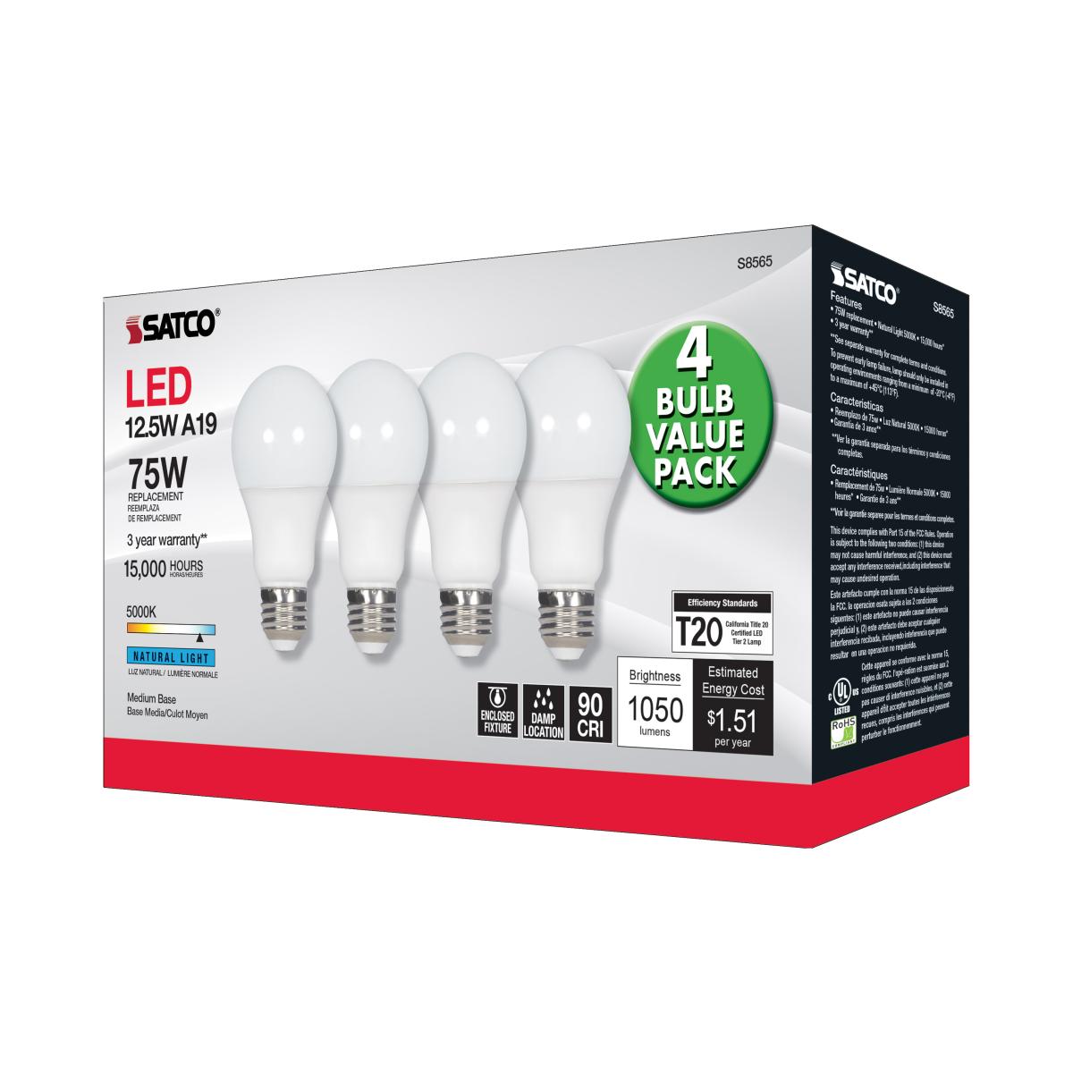 A19 LED Bulb, 75W Equivalent, 13 Watts, 1050 Lumens, 5000K, E26 Medium Base, Frosted, Pack of 4