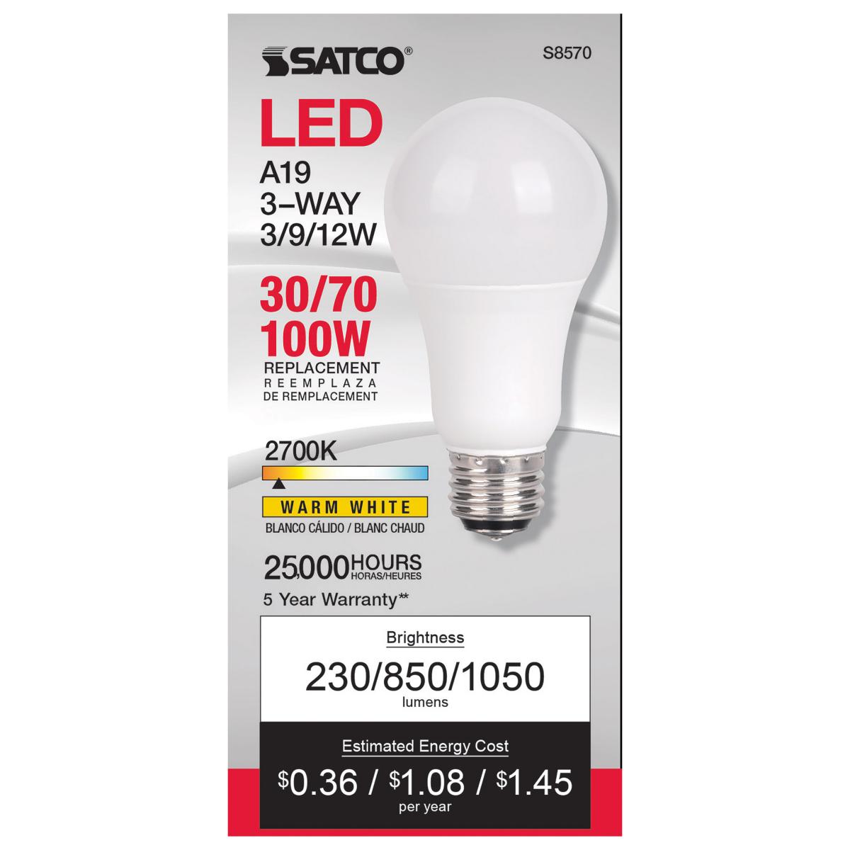 3-Way A19 LED Bulb, 3W|9W|12W, 1050 Lumens, 2700K, E26 Medium Base, Frosted Finish