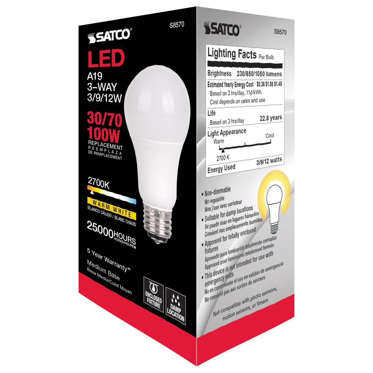 3-Way A19 LED Bulb, 3W|9W|12W, 1050 Lumens, 2700K, E26 Medium Base, Frosted Finish