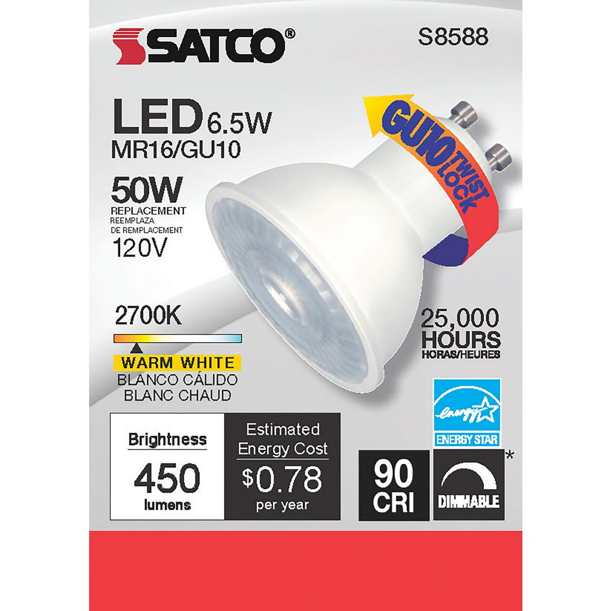 MR16 LED Bulb, 7 Watts, 450 Lumens, 2700K, 50W Equal, GU10 Base, 40° Flood