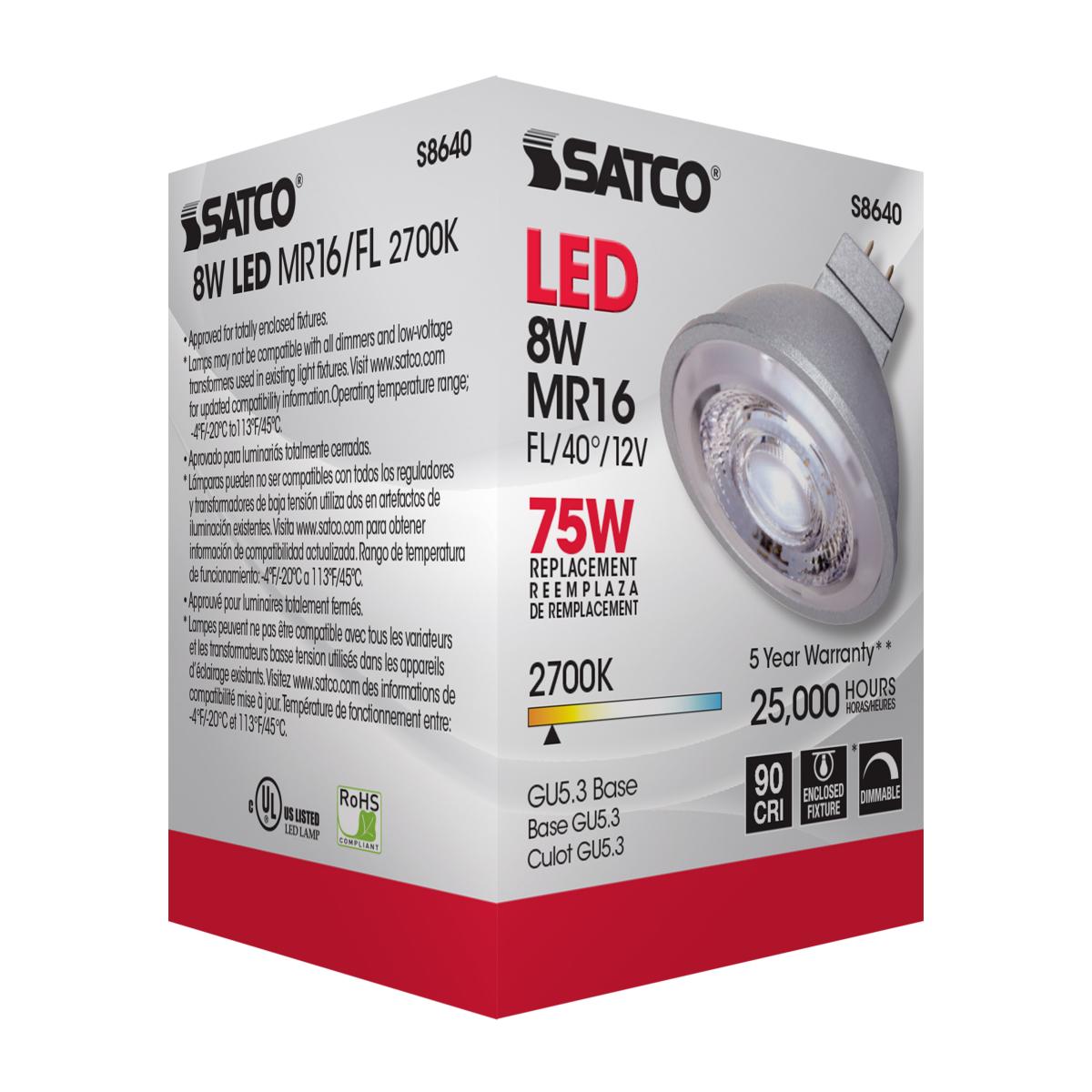 MR16 LED Bulb, 8 Watts, 490 Lumens, 2700K, 75W Equal, GU5.3 Base, 40° Flood, 12V