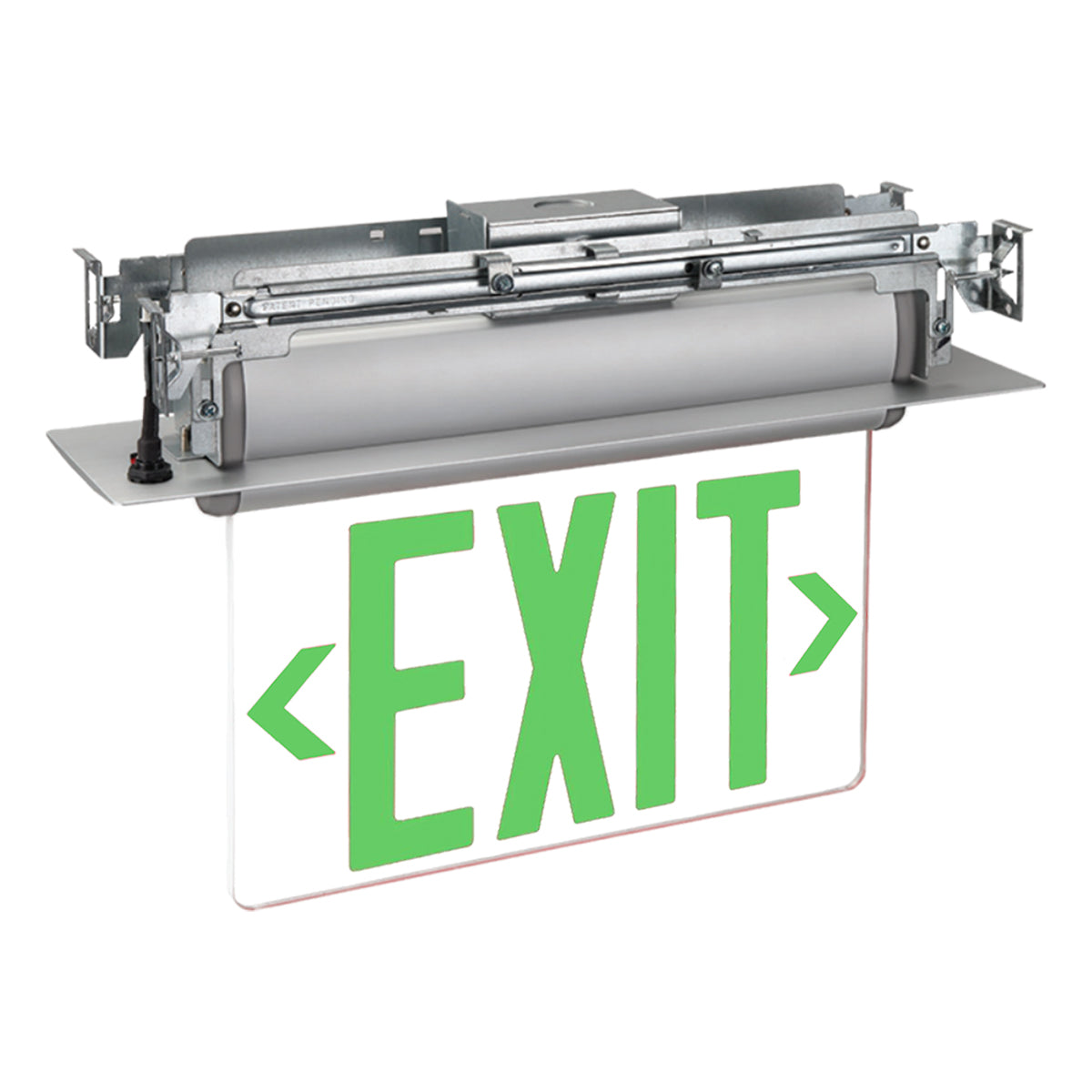 Edge-Lit LED Exit Sign, Single Face Clear with Green Letters, Silver, Battery Included