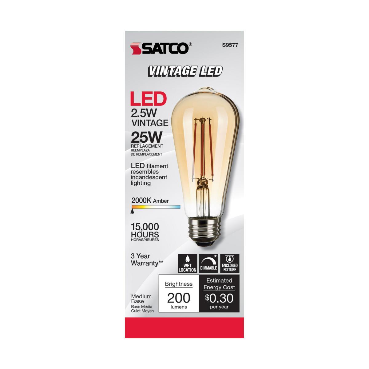 ST19 LED Vintage Bulb, 3 Watts, 220 Lumens, 2000K, E26 Medium Base, Amber Finish