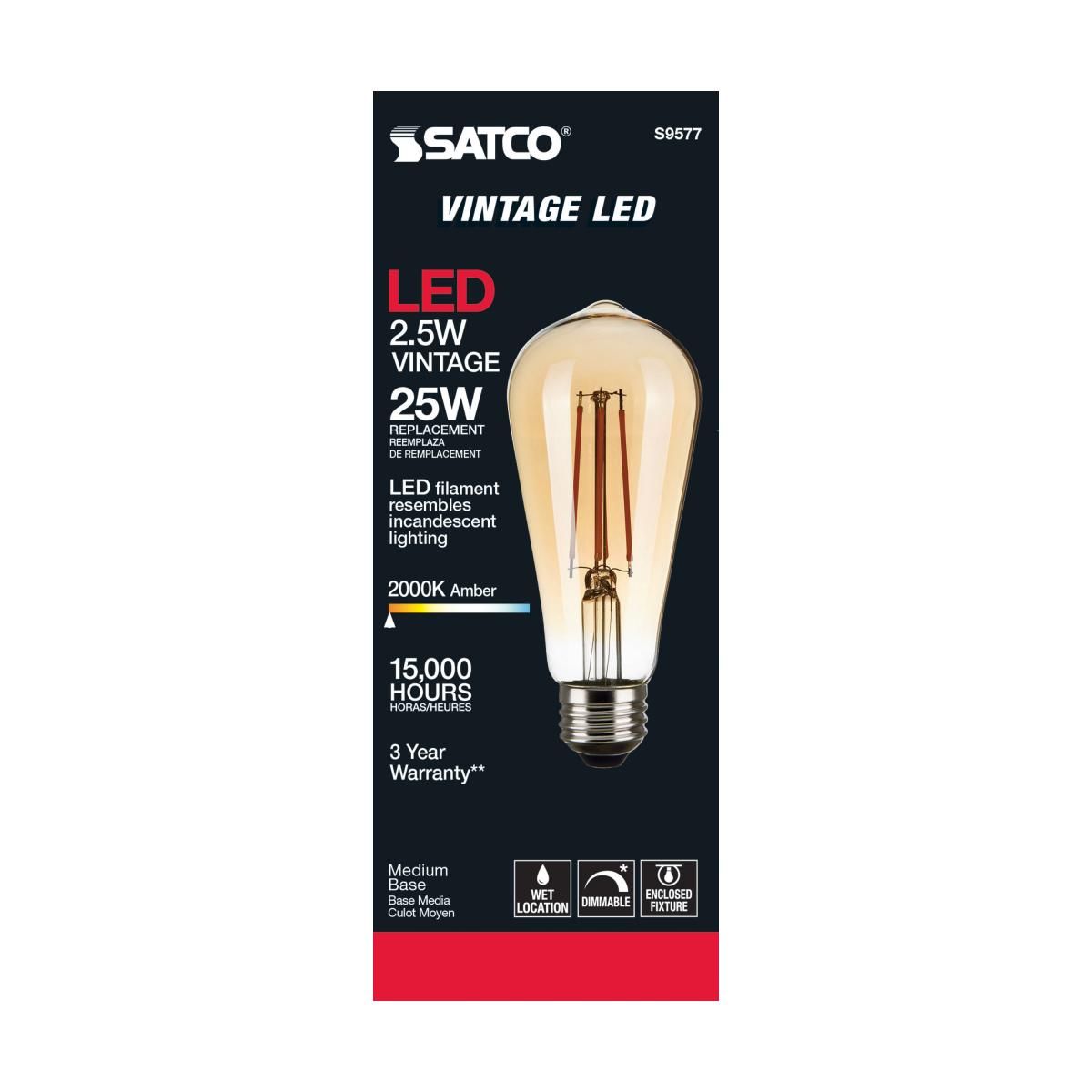 ST19 LED Vintage Bulb, 3 Watts, 220 Lumens, 2000K, E26 Medium Base, Amber Finish