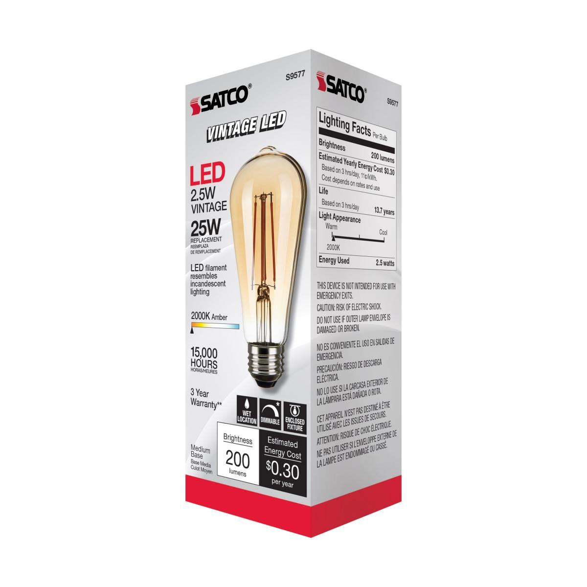 ST19 LED Vintage Bulb, 3 Watts, 220 Lumens, 2000K, E26 Medium Base, Amber Finish