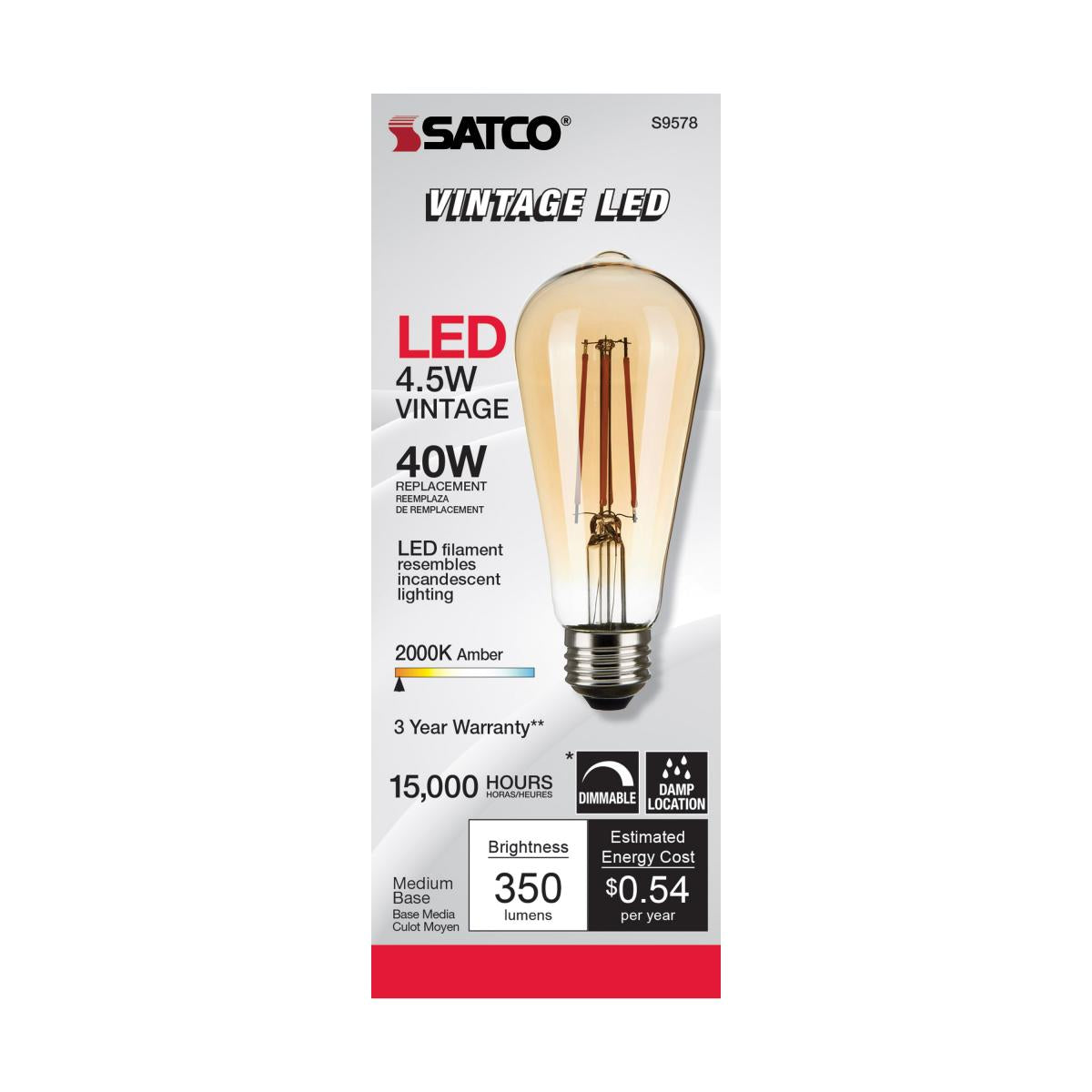 ST19 LED Vintage Bulb, 5 Watts, 380 Lumens, 2000K, E26 Medium Base, Amber Finish