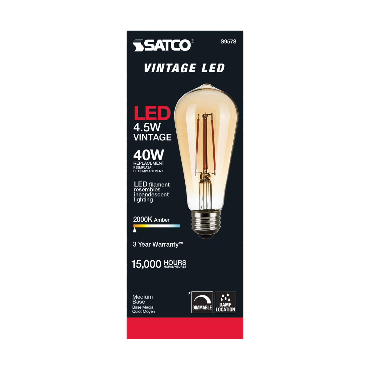 ST19 LED Vintage Bulb, 5 Watts, 380 Lumens, 2000K, E26 Medium Base, Amber Finish