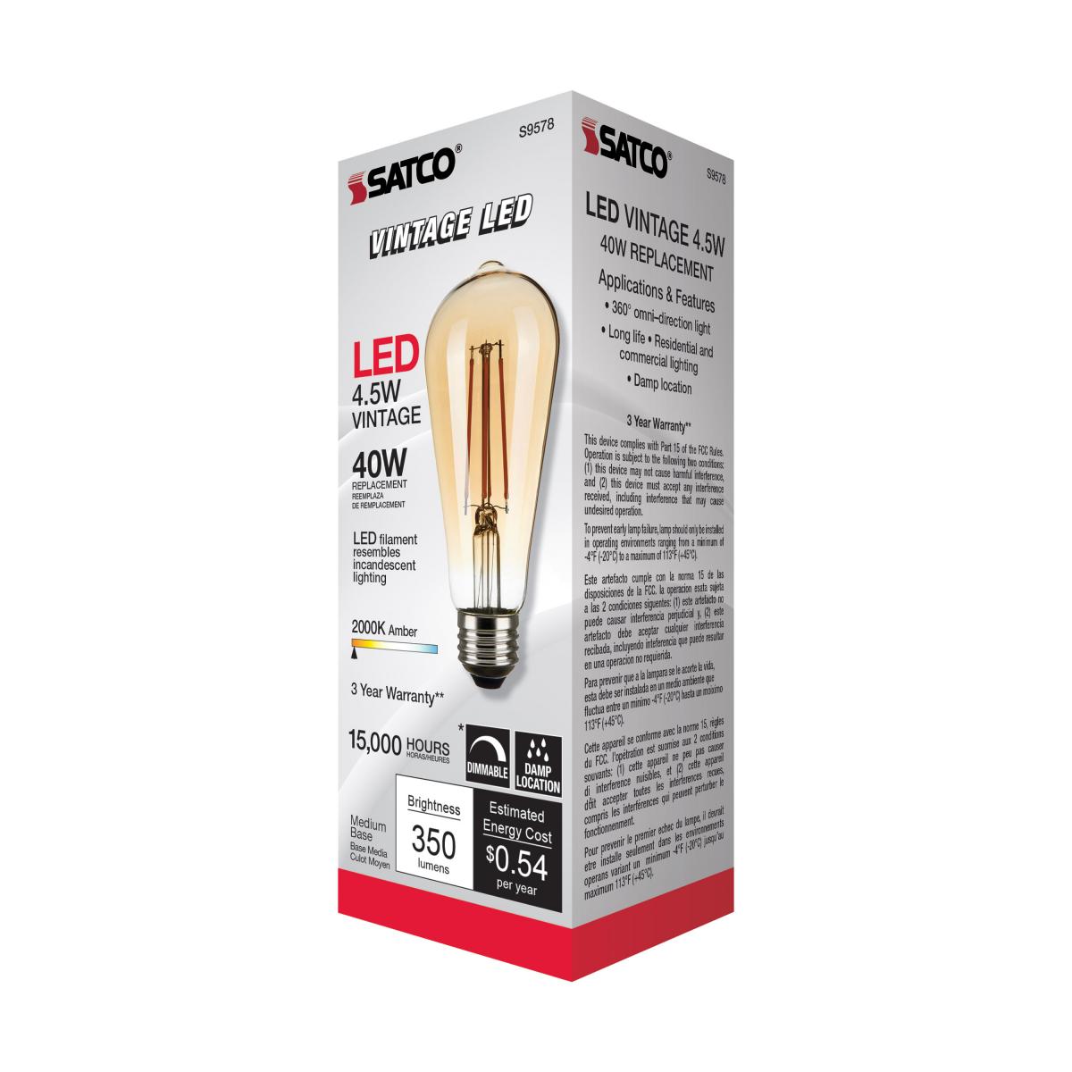 ST19 LED Vintage Bulb, 5 Watts, 380 Lumens, 2000K, E26 Medium Base, Amber Finish