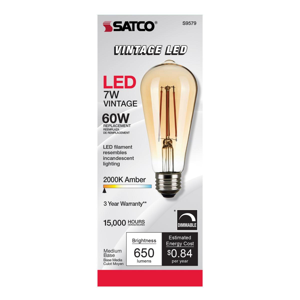 ST19 LED Vintage Bulb, 7 Watts, 650 Lumens, 2000K, 60W Equal, E26 Medium Base, Amber Finish