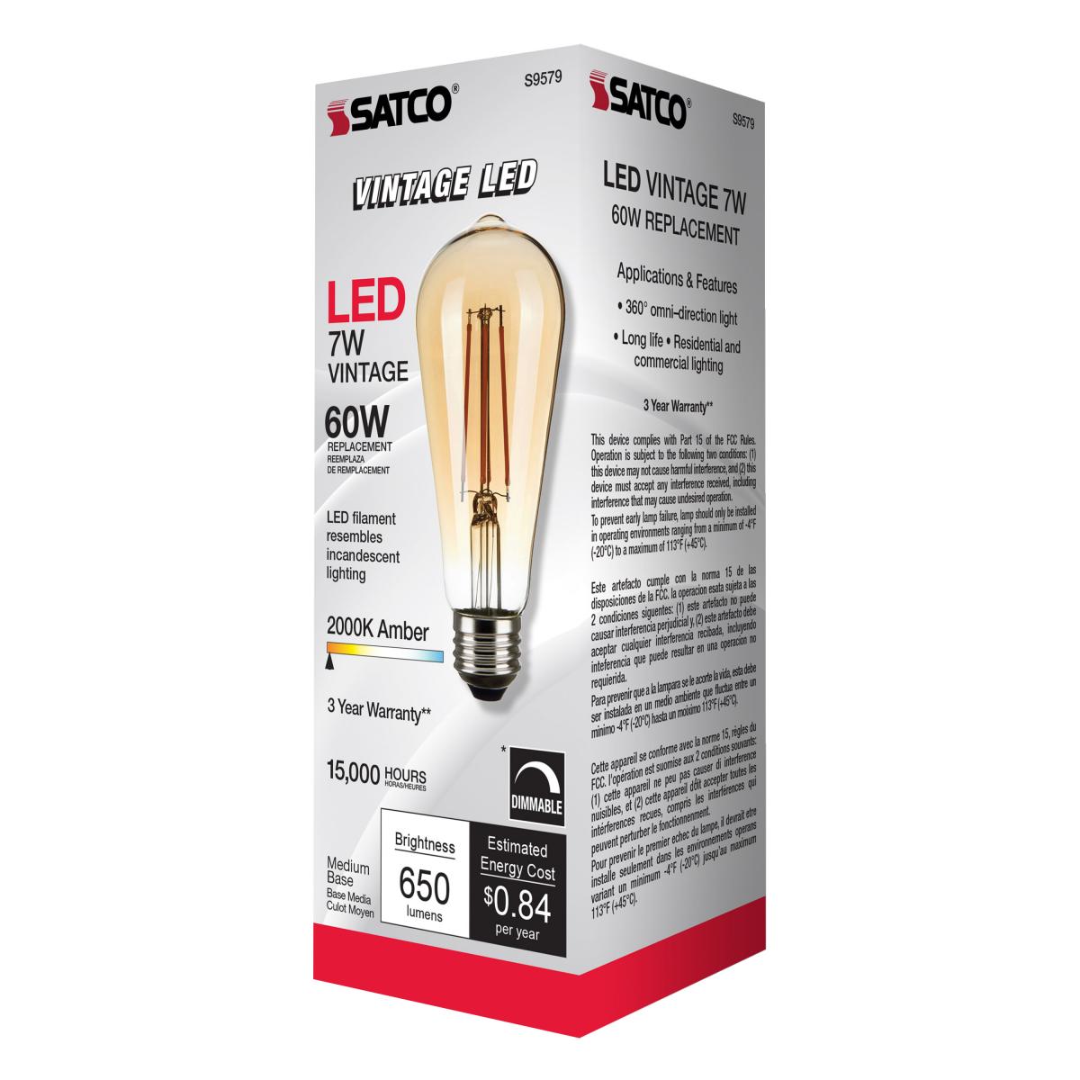 ST19 LED Vintage Bulb, 7 Watts, 650 Lumens, 2000K, 60W Equal, E26 Medium Base, Amber Finish