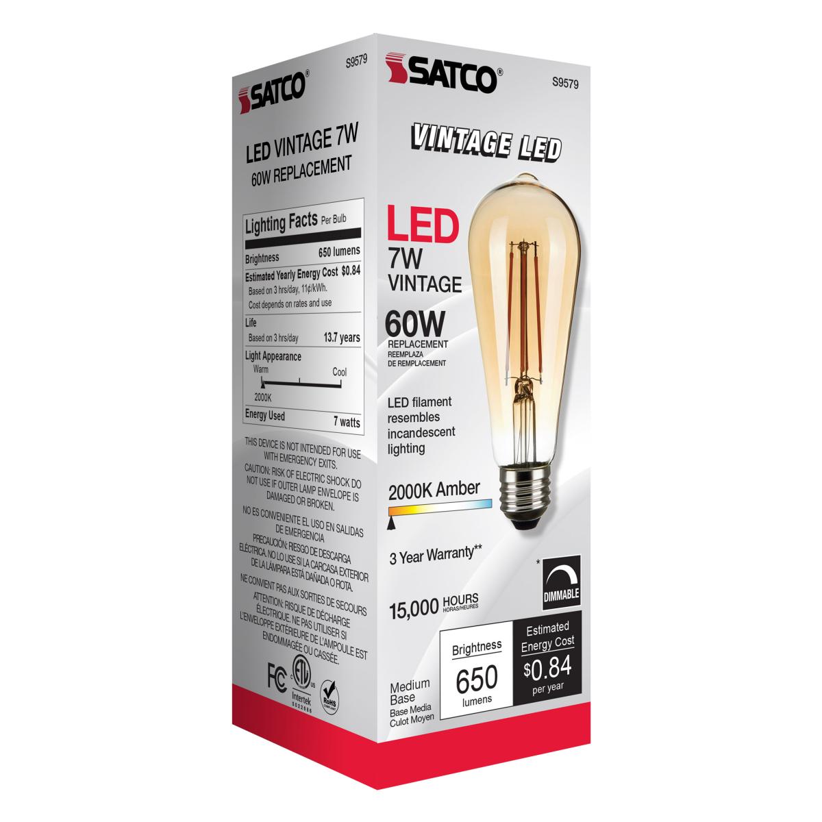 ST19 LED Vintage Bulb, 7 Watts, 650 Lumens, 2000K, 60W Equal, E26 Medium Base, Amber Finish