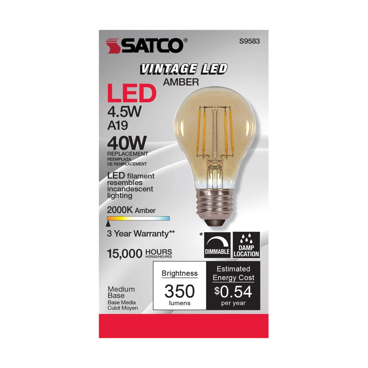 A19 LED Filament Bulb, 5 Watts, 380 Lumens, 2000K, E26 Medium Base, Amber Finish