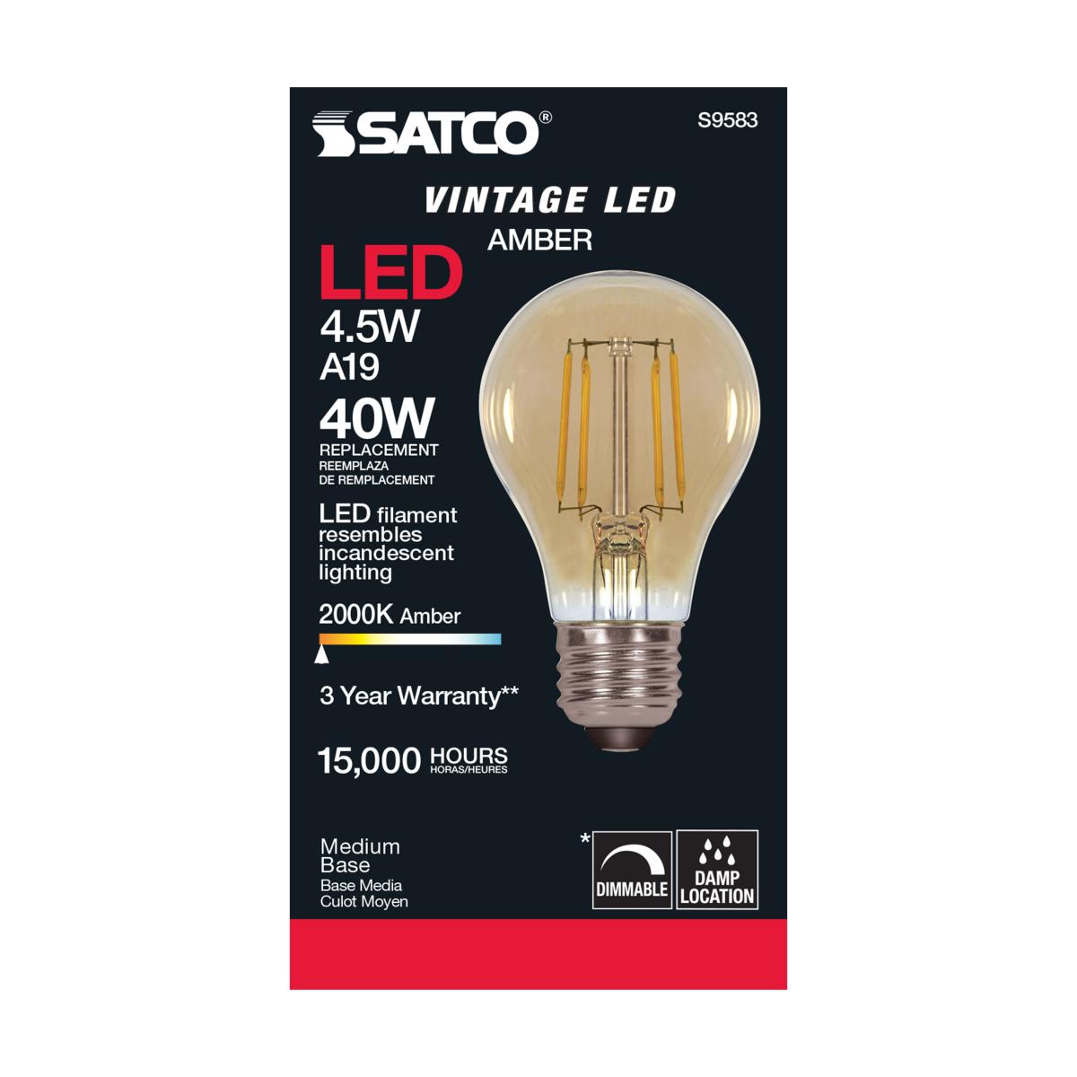 A19 LED Filament Bulb, 5 Watts, 380 Lumens, 2000K, E26 Medium Base, Amber Finish