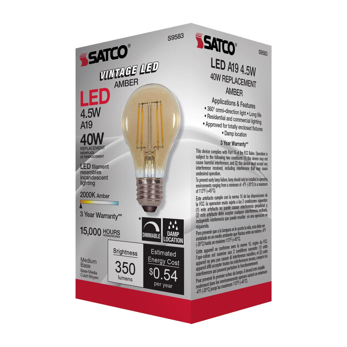 A19 LED Filament Bulb, 5 Watts, 380 Lumens, 2000K, E26 Medium Base, Amber Finish