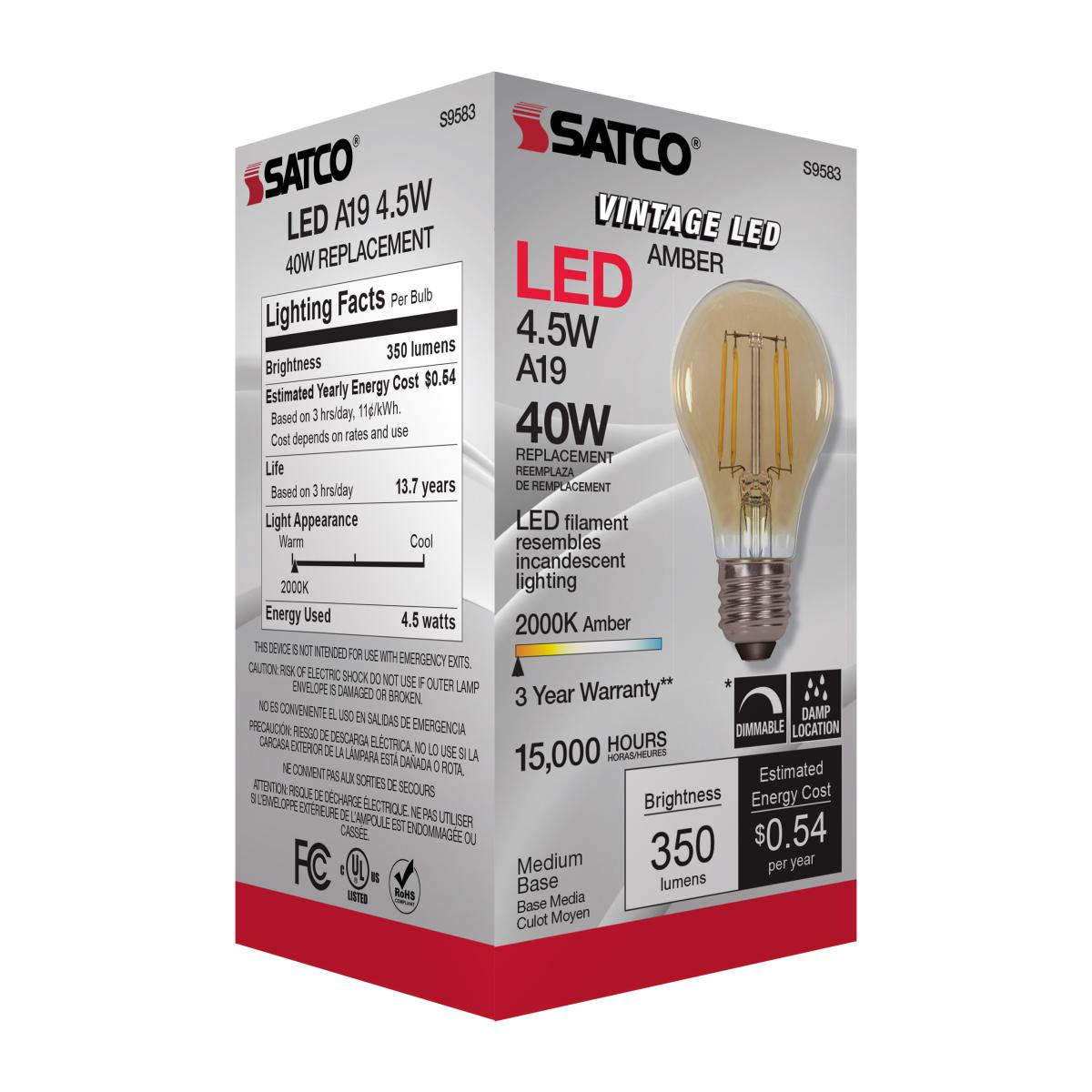 A19 LED Filament Bulb, 5 Watts, 380 Lumens, 2000K, E26 Medium Base, Amber Finish