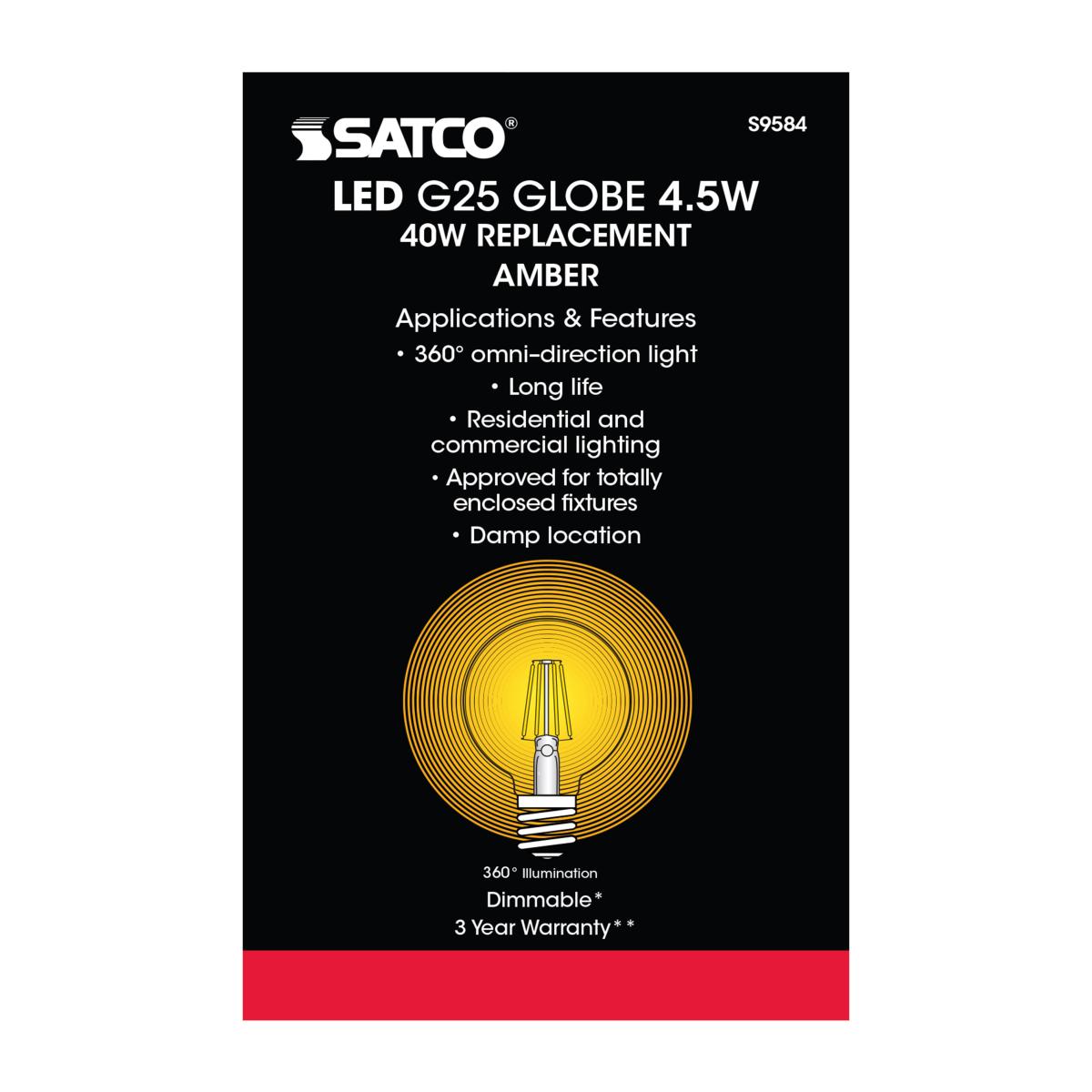 G25 Filament LED Globe Bulb, 5W, 380 Lumens, 2000K, E26 Medium Base, Amber Finish