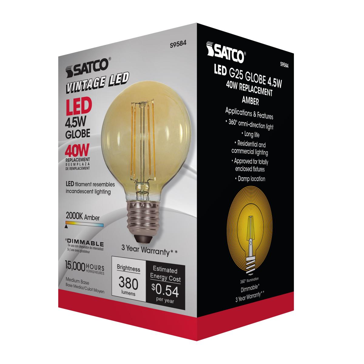 G25 Filament LED Globe Bulb, 5W, 380 Lumens, 2000K, E26 Medium Base, Amber Finish