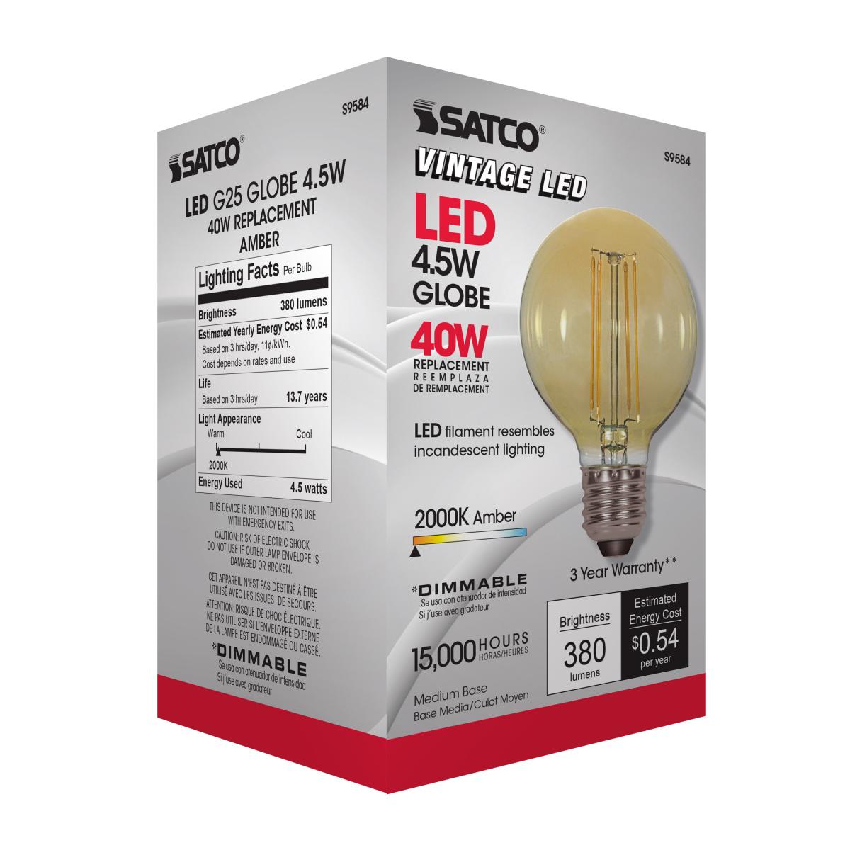 G25 Filament LED Globe Bulb, 5W, 380 Lumens, 2000K, E26 Medium Base, Amber Finish