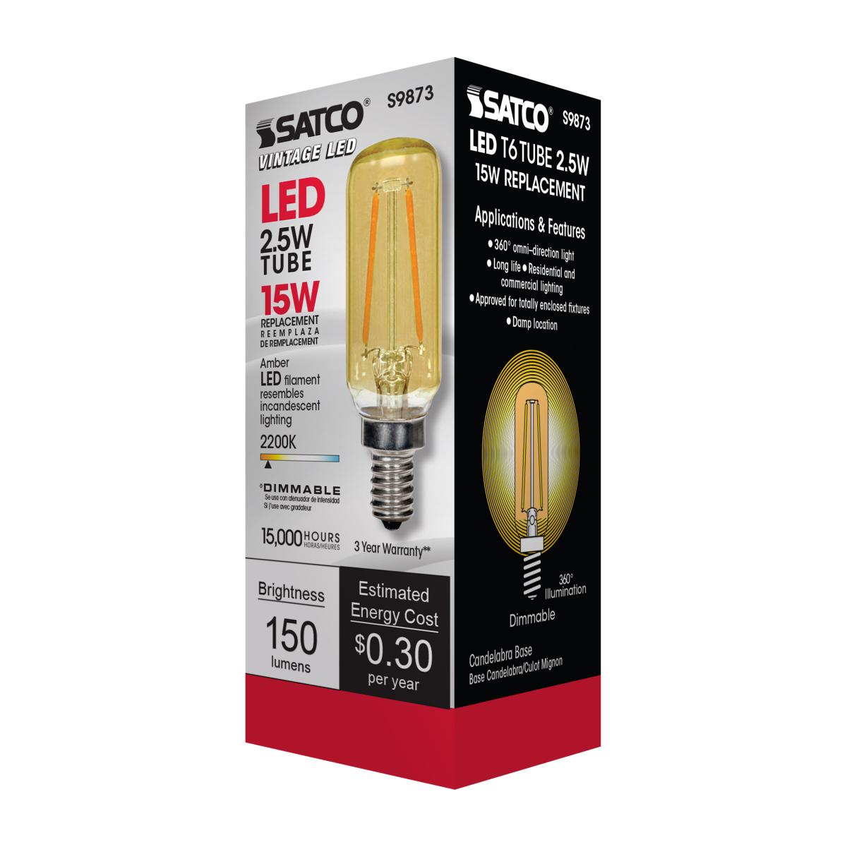 T6 LED Single Tube Bulb, 3 Watts, 150 Lumens, 2000K, E12 Candelabra Base, Amber Finish