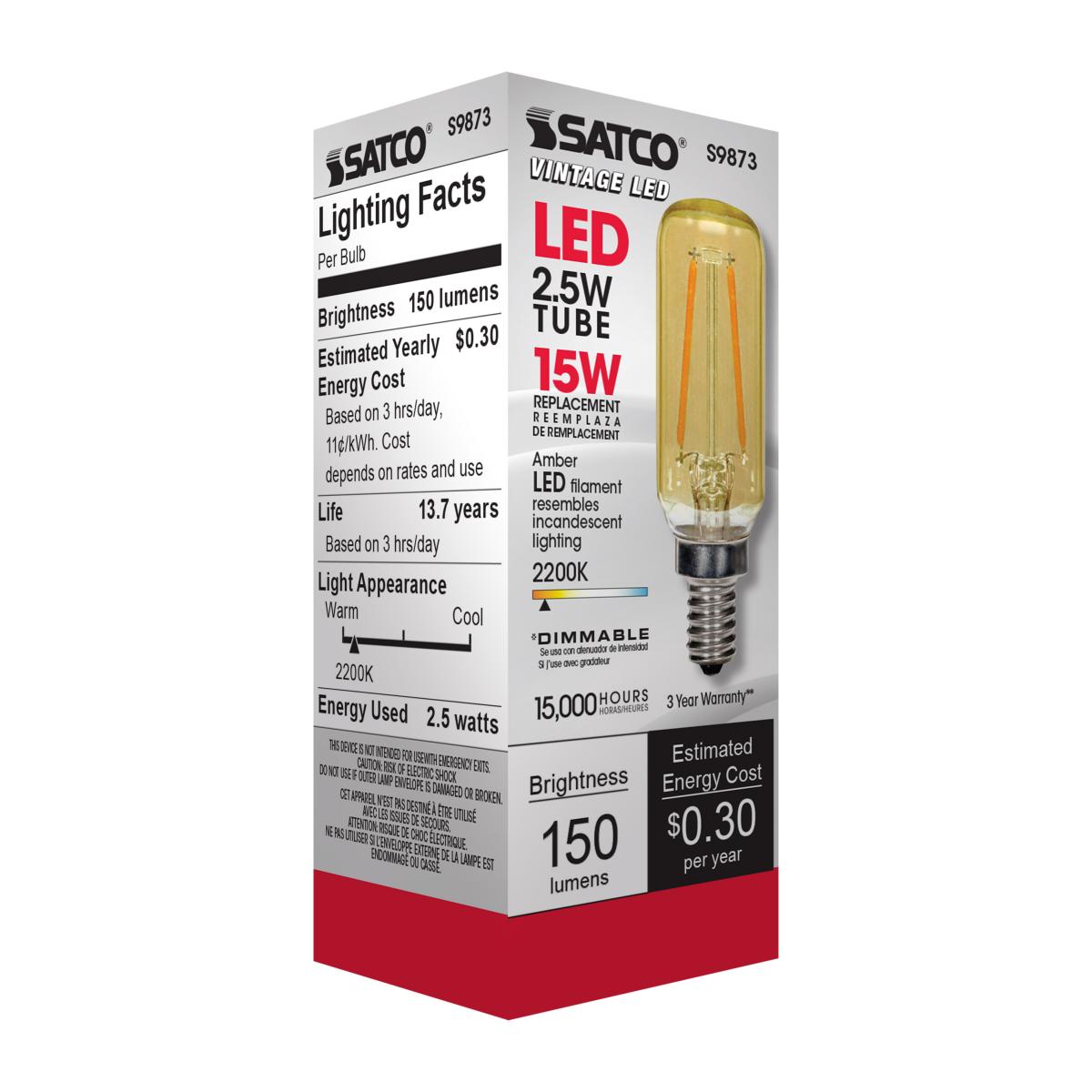 T6 LED Single Tube Bulb, 3 Watts, 150 Lumens, 2000K, E12 Candelabra Base, Amber Finish