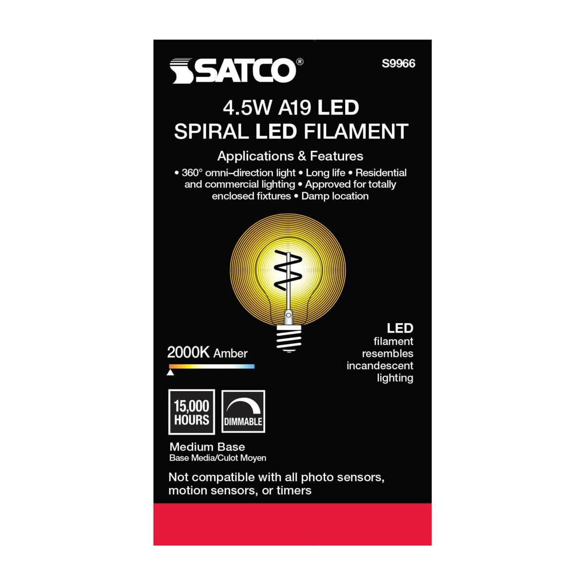 Spiral Filament A19 LED Bulb, 5 Watts, 220 Lumens, 2000K, E26 Medium Base, Amber Finish