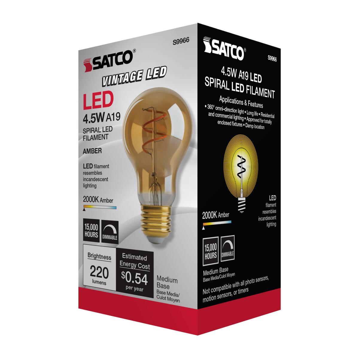 Spiral Filament A19 LED Bulb, 5 Watts, 220 Lumens, 2000K, E26 Medium Base, Amber Finish