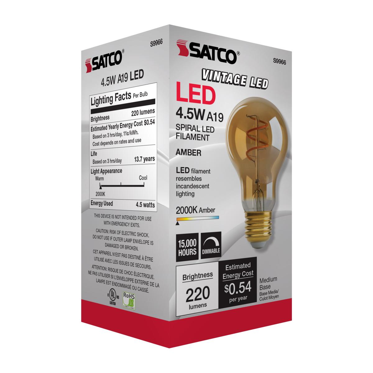 Spiral Filament A19 LED Bulb, 5 Watts, 220 Lumens, 2000K, E26 Medium Base, Amber Finish