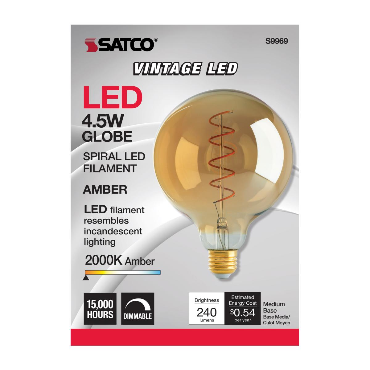 G40 Spiral LED Filament Globe Bulb, 5 Watts, 240 Lumens, 2000K, E26 Medium Base, Amber Finish