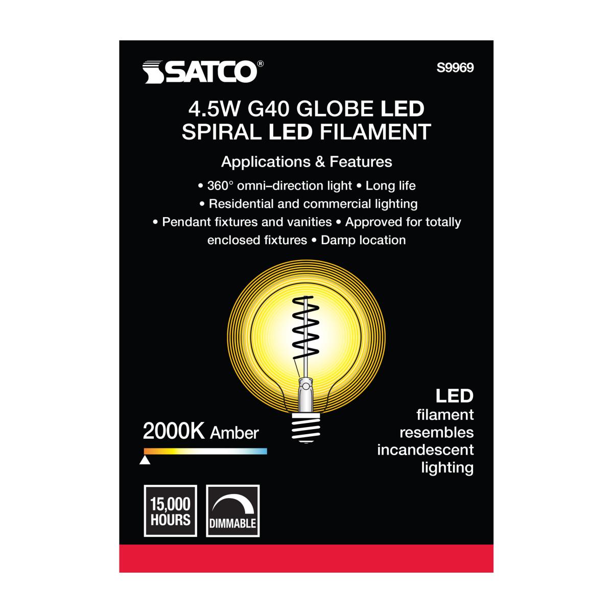 G40 Spiral LED Filament Globe Bulb, 5 Watts, 240 Lumens, 2000K, E26 Medium Base, Amber Finish