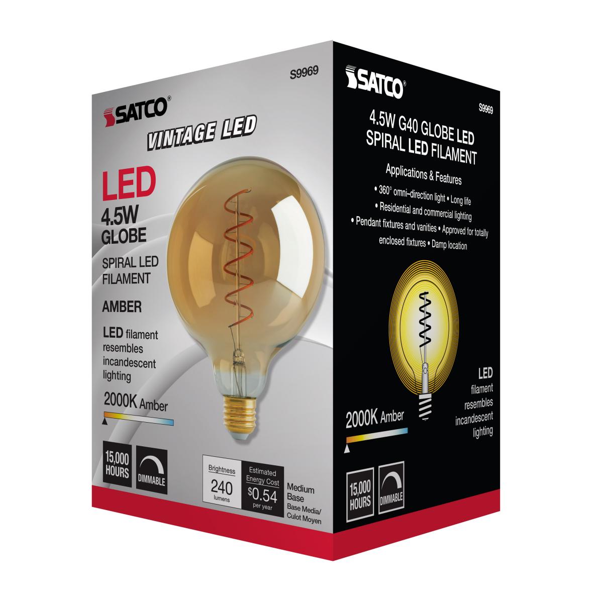 G40 Spiral LED Filament Globe Bulb, 5 Watts, 240 Lumens, 2000K, E26 Medium Base, Amber Finish