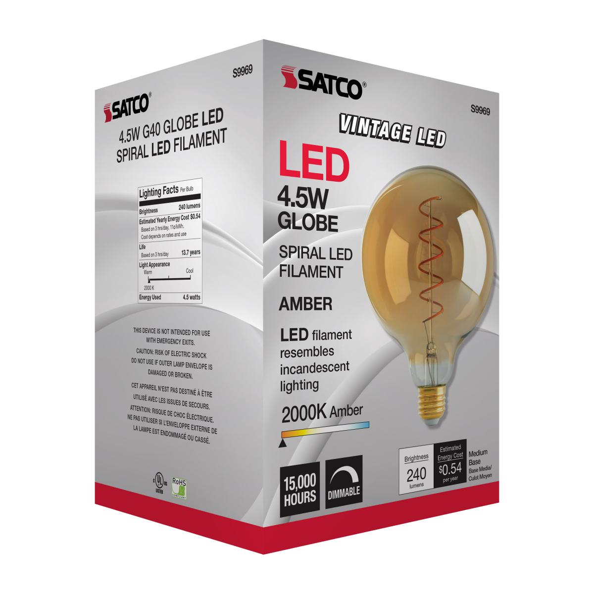 G40 Spiral LED Filament Globe Bulb, 5 Watts, 240 Lumens, 2000K, E26 Medium Base, Amber Finish