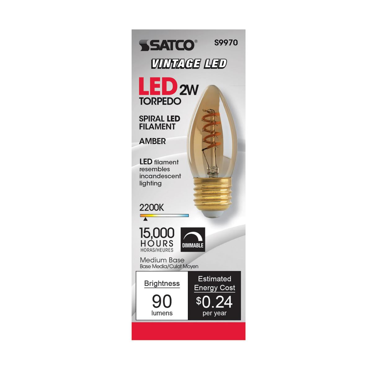 B10 Spiral LED Filament Bulb, 2 Watts, 90 Lumens, 2000K, E26 Medium Base, Amber Finish