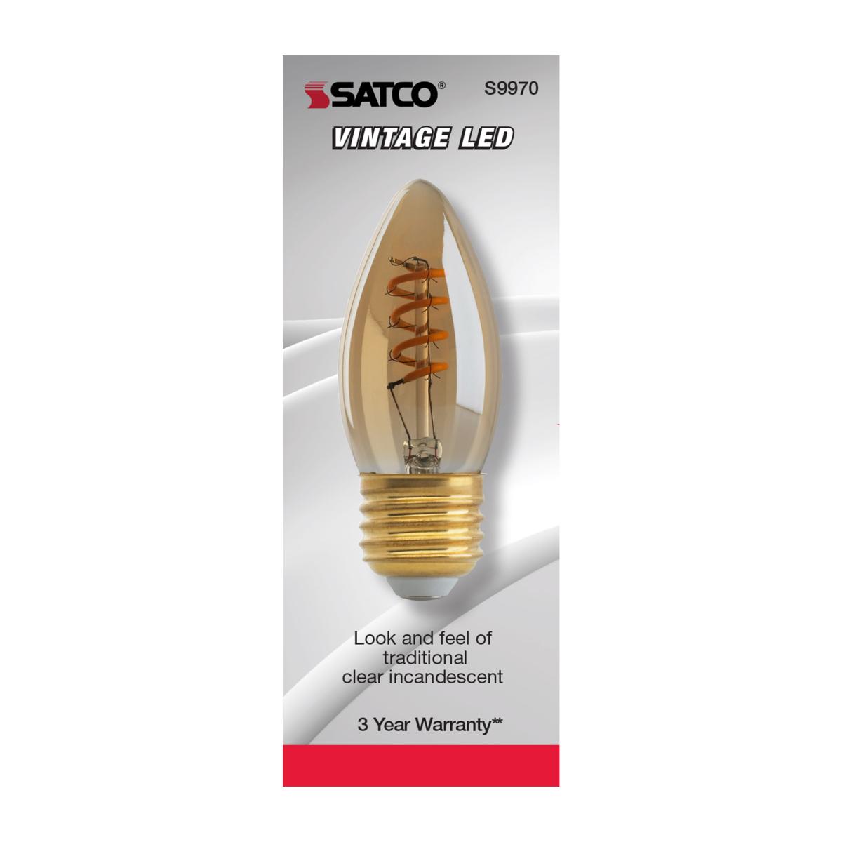 B10 Spiral LED Filament Bulb, 2 Watts, 90 Lumens, 2000K, E26 Medium Base, Amber Finish