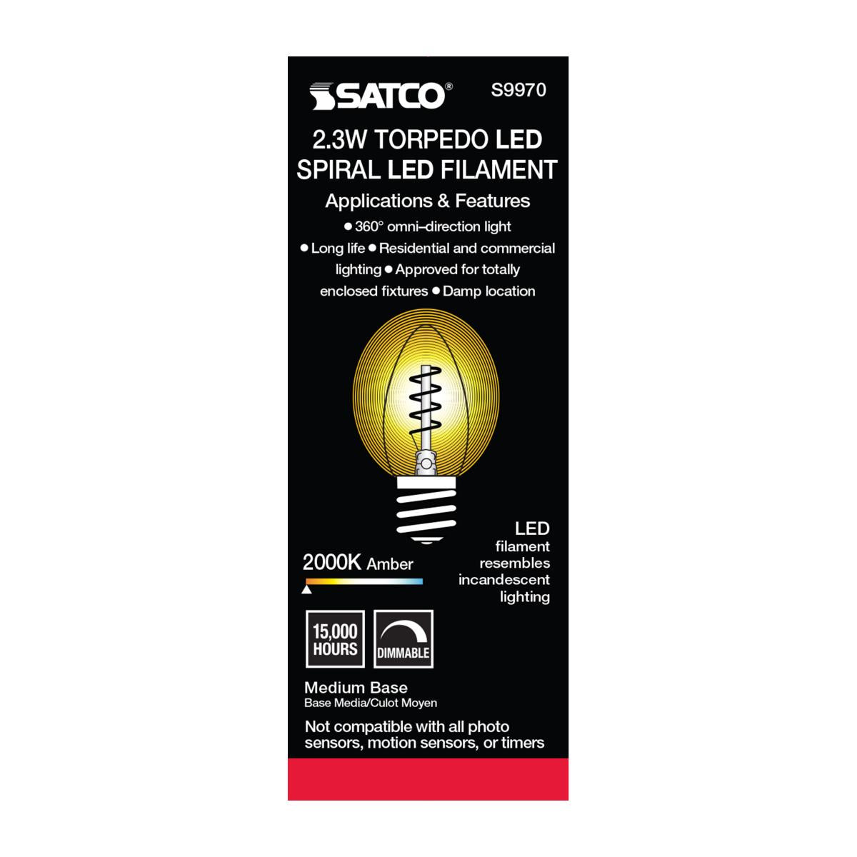 B10 Spiral LED Filament Bulb, 2 Watts, 90 Lumens, 2000K, E26 Medium Base, Amber Finish