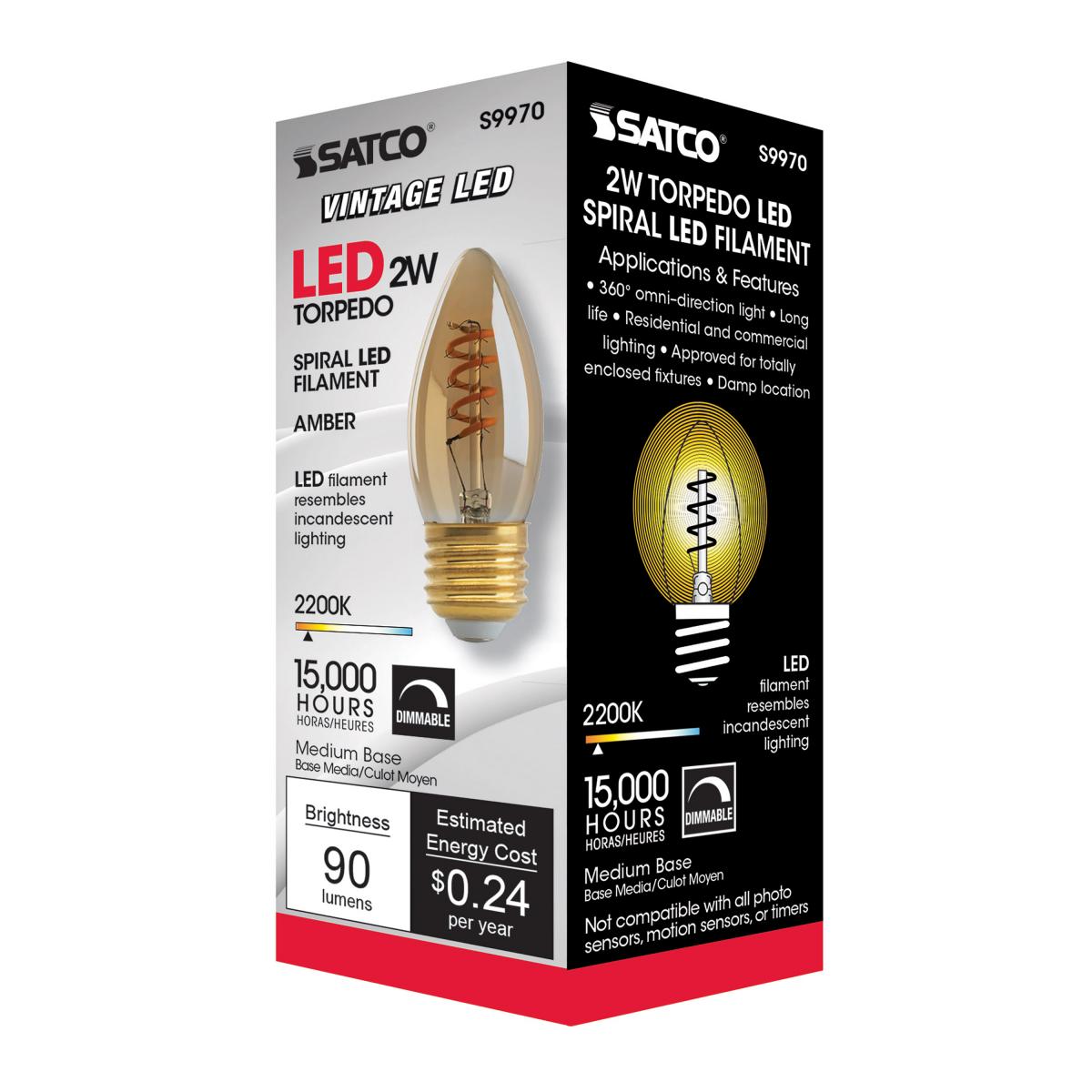 B10 Spiral LED Filament Bulb, 2 Watts, 90 Lumens, 2000K, E26 Medium Base, Amber Finish